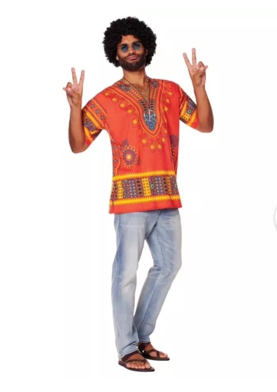 Spirit Halloween Adult L/XL Hippie Costume Shirt, Wig, Glasses, Peace Necklace - Picture 1 of 13